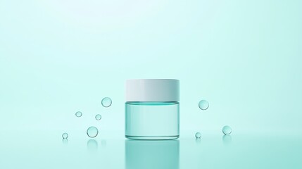 Elegant Skincare Jar with Water Droplets on Soft Mint Background for Beauty and Wellness Products, Perfect for Advertising and Marketing Visuals