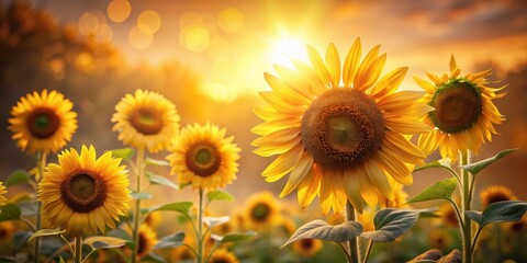 Obraz premium Beautiful sunflowers in soft morning light with backlit effect and warm golden tones, flower, nature