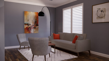 This high-quality 3D rendering is ideal for illustrating interior design proposals, architectural presentations, and lifestyle content related to home living and social spaces.