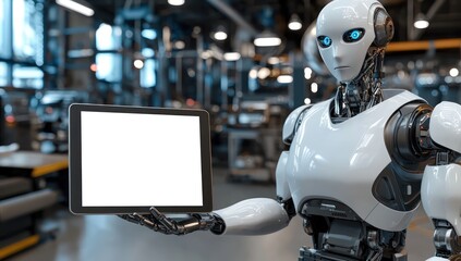 Precision meets elegance as a sleek humanoid robot holds a blank rectangular tablet mockup in a high-tech, clean environment.