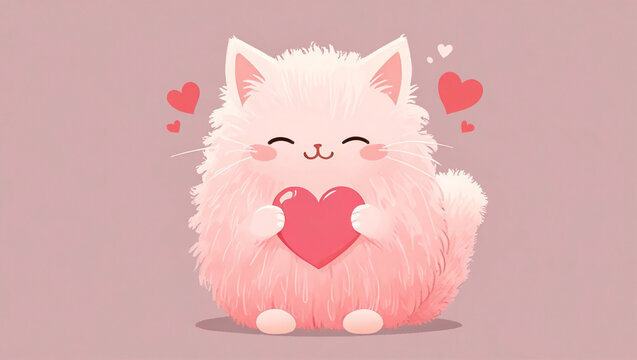illustration of a cute fluffy pink cat with a heart.
