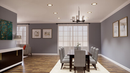 Contemporary and functional kitchen dining area meticulously visualized in a detailed 3D render. This design showcases a seamless integration of cooking and dining spaces, kitchen