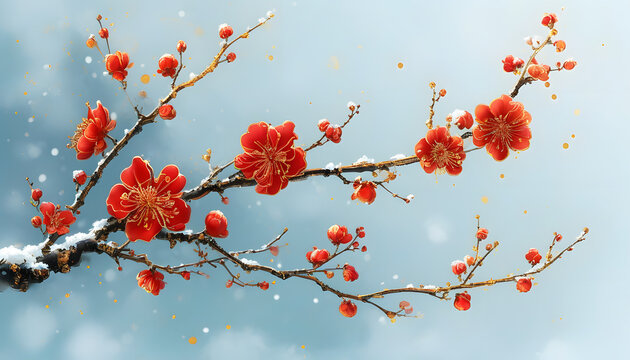 Pink Peach Blossom in Snow