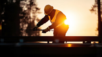 Sunset Construction Worker: A silhouette of a construction worker, bathed in the golden light of the setting sun, meticulously working on a steel beam. The image evokes a sense of dedication.