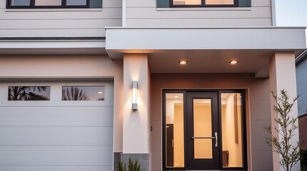 Fototapeta premium Modern House Exterior: Contemporary Home Design and Architecture. Luxury Real Estate Property with Stylish Facade and Entrance