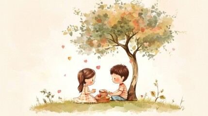 Couple picnic autumn tree love romantic illustration