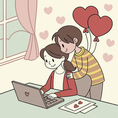 Valentine day girl and boy working