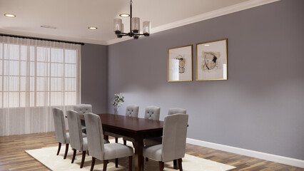 Contemporary and functional kitchen dining area meticulously visualized in a detailed 3D render. This design showcases a seamless integration of cooking and dining spaces, kitchen