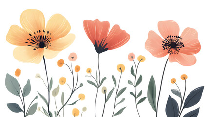 Simple abstract wildflowers, horizontal trio drawn with clean and modern strokes