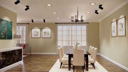 Contemporary and functional kitchen dining area meticulously visualized in a detailed 3D render. This design showcases a seamless integration of cooking and dining spaces, kitchen