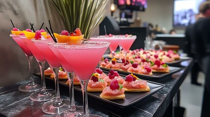 Stylish Valentine's networking event with an array of pink cocktails and appetizers on display