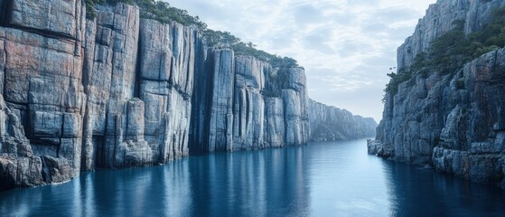 Serene coastal cliffs reflecting in calm waters under a cloudy sky, showcasing nature's beauty