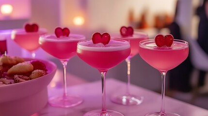 Stylish Valentine's networking event with an array of pink cocktails and appetizers on display
