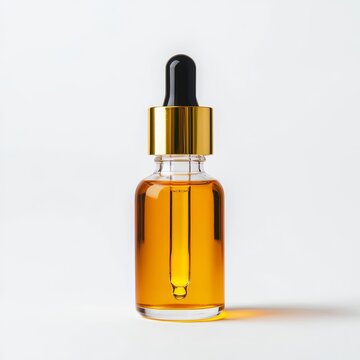 Elegant dropper bottle with amber liquid on white background, perfect for cosmetic or wellness products.