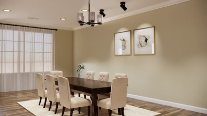 Contemporary and functional kitchen dining area meticulously visualized in a detailed 3D render. This design showcases a seamless integration of cooking and dining spaces, kitchen