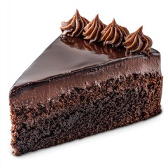 Chocolate cake slice, rich frosting, dessert, white background, food photography, recipe