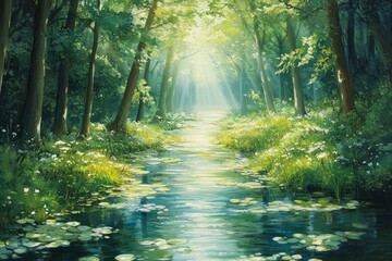 Serene forest landscape with a tranquil stream reflecting sunlight through lush greenery