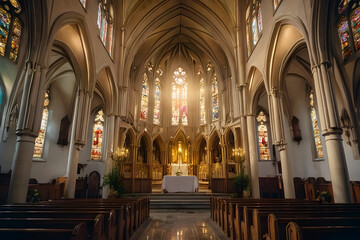 Fototapeta premium A majestic, gothic-style church with towering spires and intricate stained-glass windows