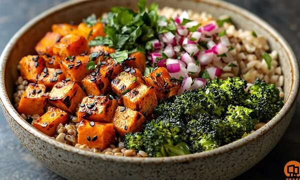 Roasted Sweet Potato, Broccoli, and Farro Grain Bowl with Radishes and Herbs