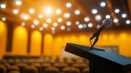 Professional speaker engaging audience at a corporate event, conveying innovation and leadership in a dynamic business setting.