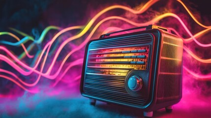 Retro radio with vibrant neon light trails.
