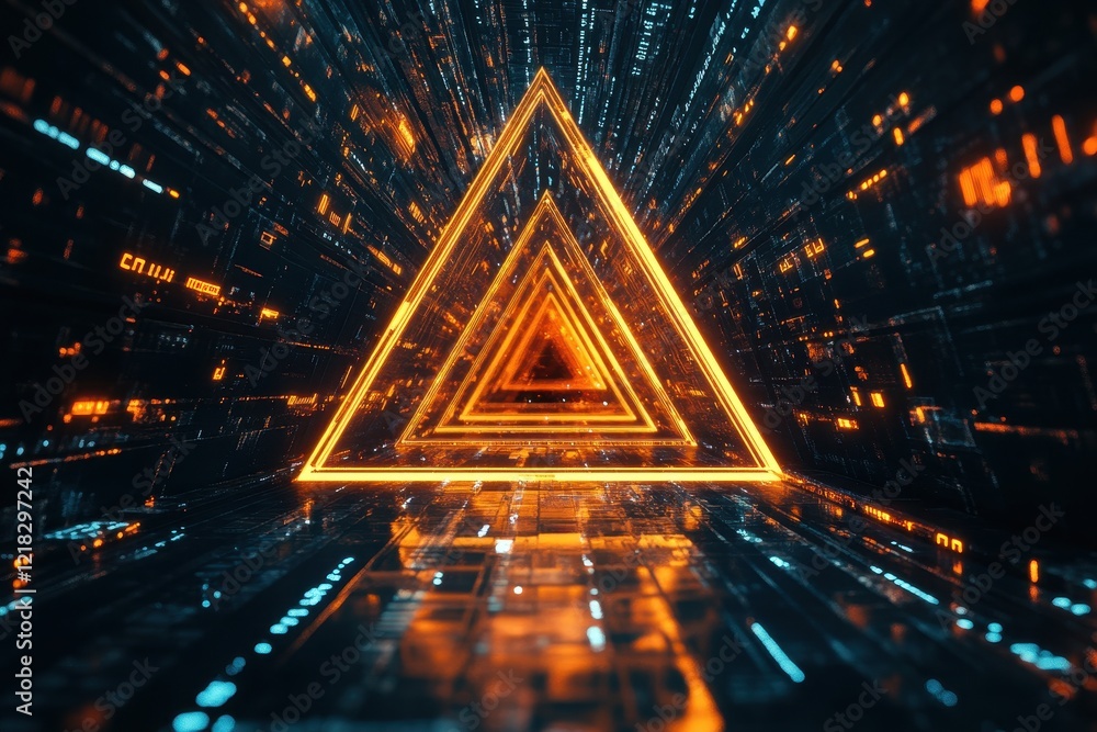 Poster distorted glowing triangle cyberpunk style futuristic geometry shape stock photo . triangle shape,fu