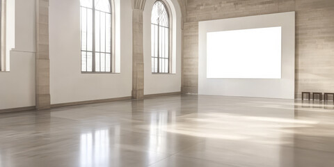 Minimalist art gallery space with natural light and white walls