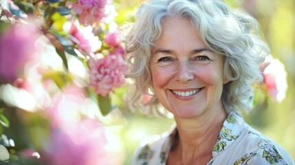 Fototapeta premium A cheerful elderly woman with curly gray hair smiles brightly, surrounded by vibrant pink flowers in a sunny garden. Her happiness radiates in the serene atmosphere of springtime