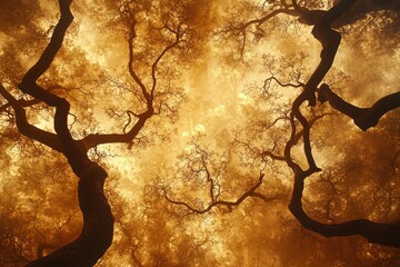 Majestic canopy of twisted trees silhouetted against a golden sky, evoking a serene and mystical atmosphere
