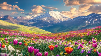 Fototapeta premium Vibrant Wildflower Meadow Blooms Beneath Majestic Snow-Capped Mountain Peaks