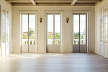 Fototapeta premium Bright and airy room with large windows showcasing natural light and scenic views