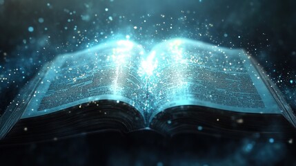 Glowing ancient book with magical light.
