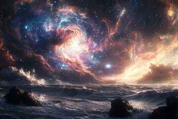 A breathtaking cosmic view over turbulent ocean waves, featuring a vibrant galaxy and dramatic clouds