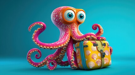 Cute octopus travels with luggage, blue background, summer vacation