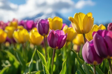 Fototapeta premium Vibrant Yellow and Purple Tulips Bloom in Spring Mountain Landscape