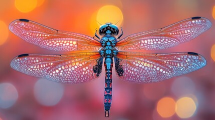 Detailed close-up of a vibrant dragonfly with translucent wings against a bokeh background.