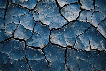 Fototapeta premium Distressed navy blue concrete with cracks, close-up texture . A close-up view of a blue wall showcasing a cracked and weathered surface, highlighting its texture and imperfections.