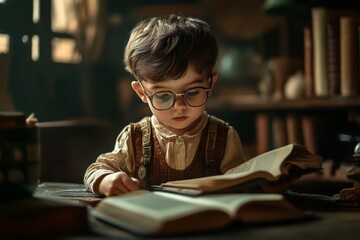 A Young Child Engages with a Book and Glasses