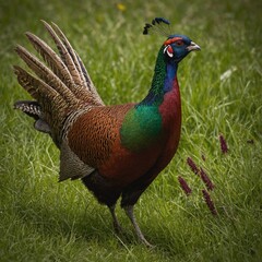 Create an image of a vibrant male pheasant in a lush green meadow. The pheasant has striking plumage with a mix of rich iridescent greens, golds, and deep reds. 