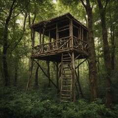Create an image of a high seat, also known as a hunting stand or deer blind, situated in a lush forest setting. 