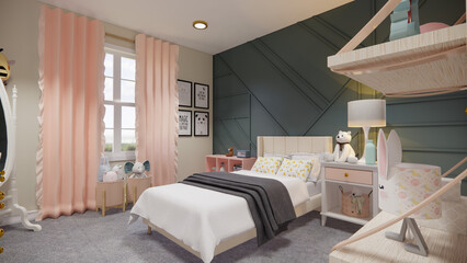 Elegant and serene bedroom interior design meticulously crafted as a 3D render. This visualization showcases a comfortable and stylish sleeping space, featuring a plush king-size bed with soft linens