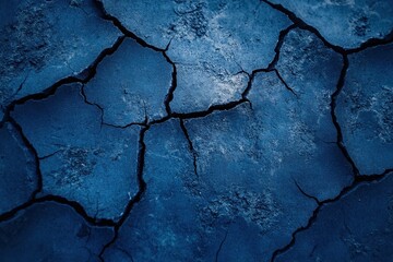 Obraz premium Distressed navy blue concrete with cracks, close-up texture . A close-up view of a blue wall showcasing a cracked and weathered surface, highlighting its texture and imperfections.