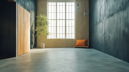 Obraz premium Modern interior with minimalist design featuring natural light and greenery