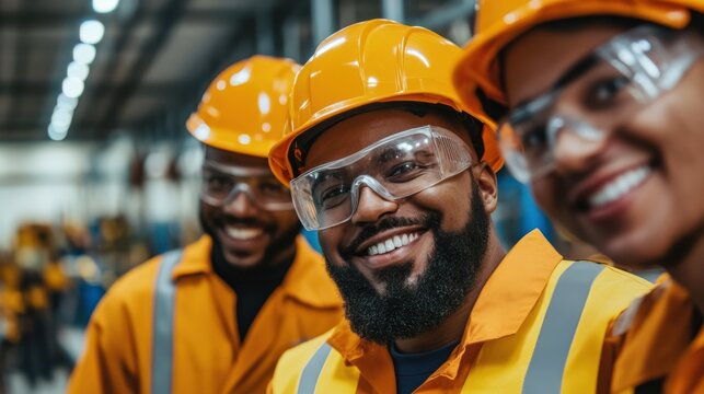 Diverse Group of Smiling Industrial Workers in Safety Gear at Modern Manufacturing Facility with Warm Lighting and Professional Environment