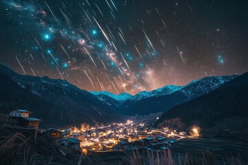 Night sky filled with shooting stars over a tranquil mountain village illuminated by soft lights