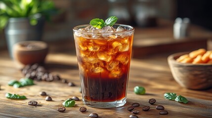 Iced coffee in glass with ice cubes, mint leaves, and coffee beans on wooden table.