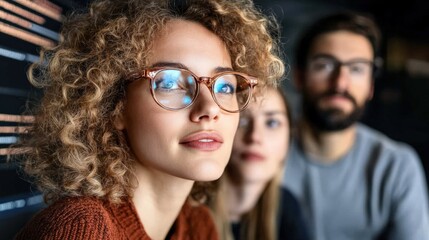 Obraz premium Diverse Group of Friends Engaging in Conversation While Wearing Glasses in a Modern Indoor Setting with a Soft Focus Background