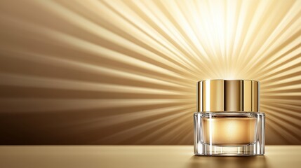 Luxurious Gold Cream Jar Under Radiant Light, Perfect for Skincare and Beauty Promotions, Emphasizing Elegance and Quality in Packaging Design