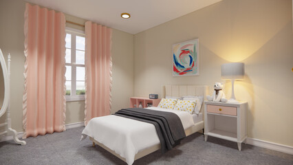 Elegant and serene bedroom interior design meticulously crafted as a 3D render. This visualization showcases a comfortable and stylish sleeping space, featuring a plush king-size bed with soft linens