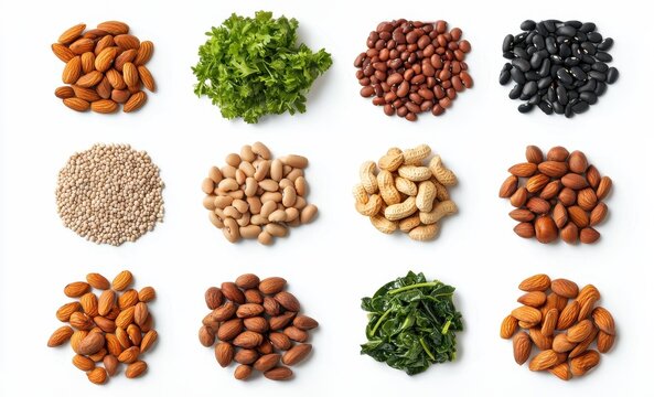 Mixed variety of nuts and seeds on a white isolated background. Flexitarian food concept